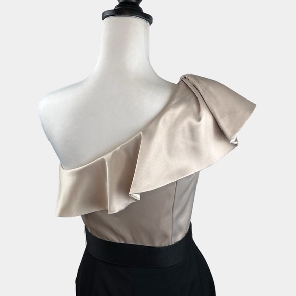 WHBM Cocktail Dress Size 2 One Shoulder Bodycon Ruffle Gold Black Belted Lined - Picture 6 of 13